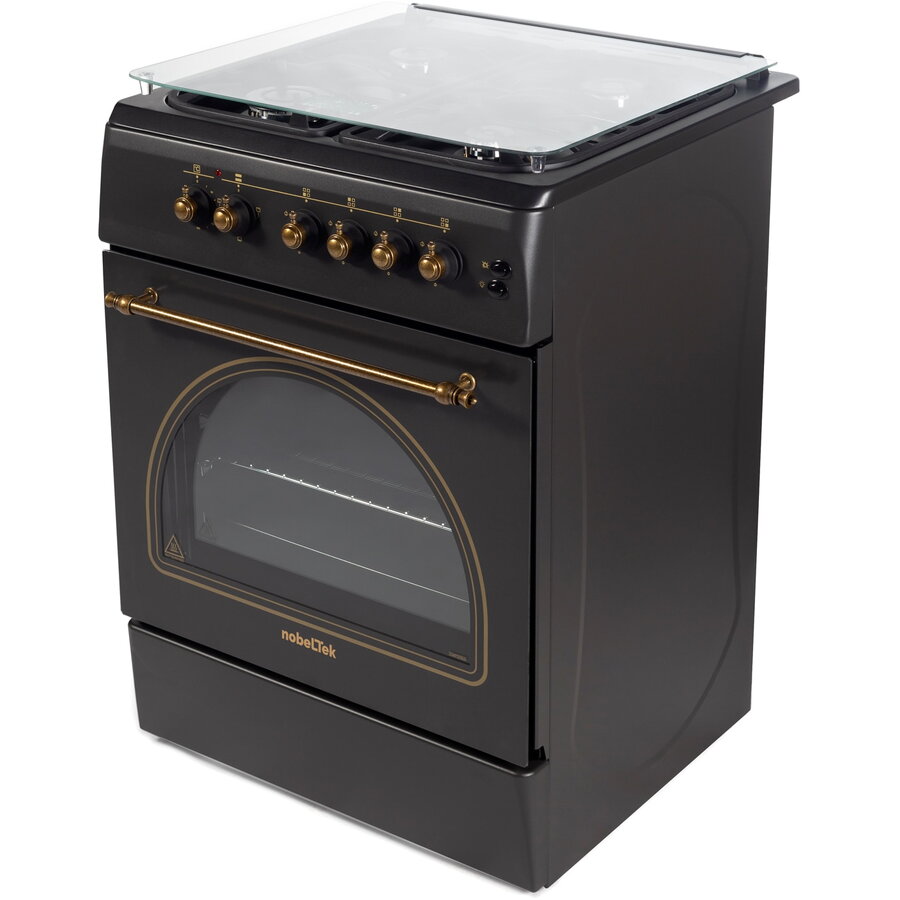 Aragaz rustic NobelTek NLT 6604RNM/FE1, Plita gaz, Cuptor electric, Aprindere electrica, Iluminare cuptor, Negru Mat