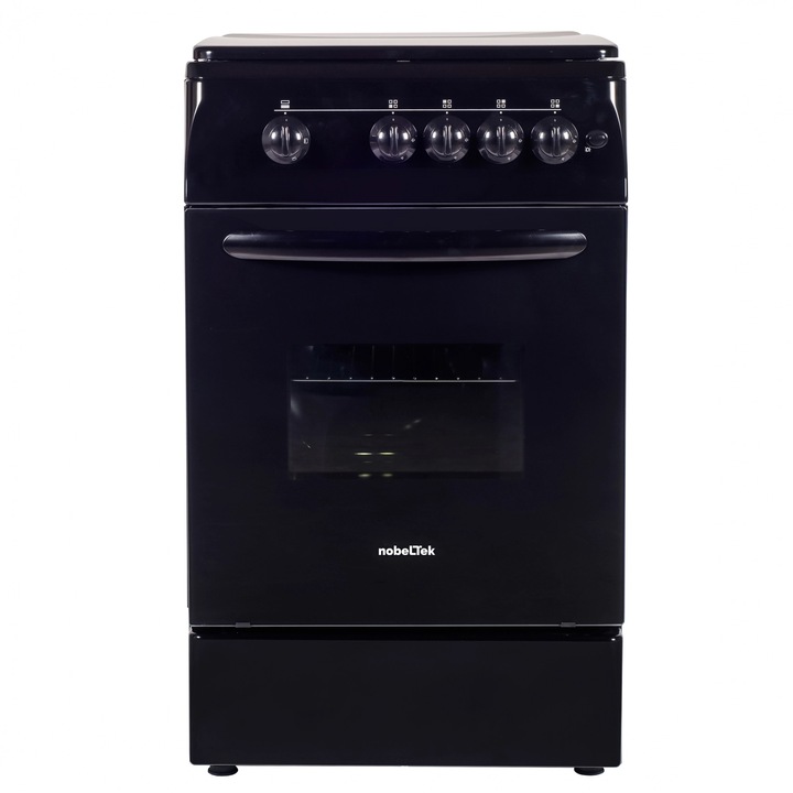 Tűzhely NobelTek NLT 5602N/G1, Gáz, 4 égős, Főzőlap és sütő biztonsági berendezés, Elektromos gyújtás, 50 x 60 cm, Fekete