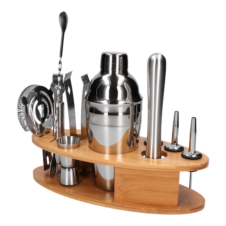 Set Barman Profesional 11 Piese, Otel Inoxidabil 304, Suport Bambus Elegant, Cadou Ideal Barbat Bauturi Cocktailuri Acasa, Agitator Jigger Filtru Muddler Lingurita Zester Mustiucuri Cleste