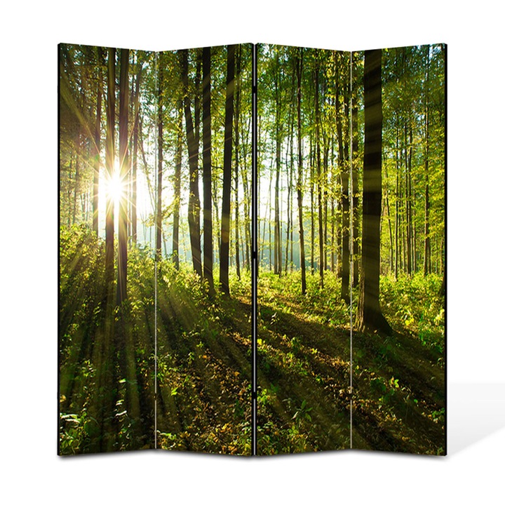 Paravan 4 piese Premium TrueColor, Art Star, Raze de soare printre copaci, Panza pe cadru de lemn, Decoratiuni Moderne pentru Casa, 4 Panouri de 35 x 150, 140 x 150 cm