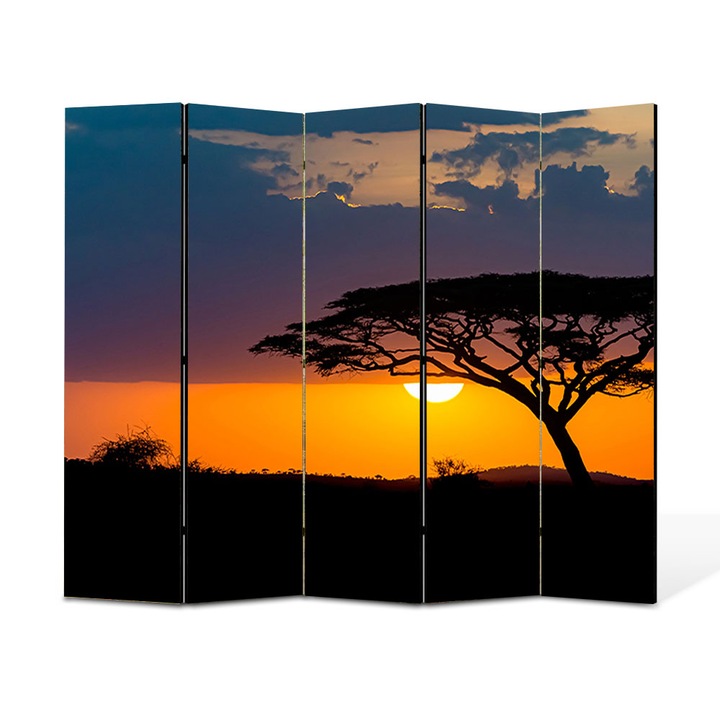 Paravan 5 piese Premium TrueColor, Art Star, Silueta de copac in savana, Panza pe cadru de lemn, Decoratiuni Moderne pentru Casa, 5 Panouri de 35 x 180, 175 x 180 cm
