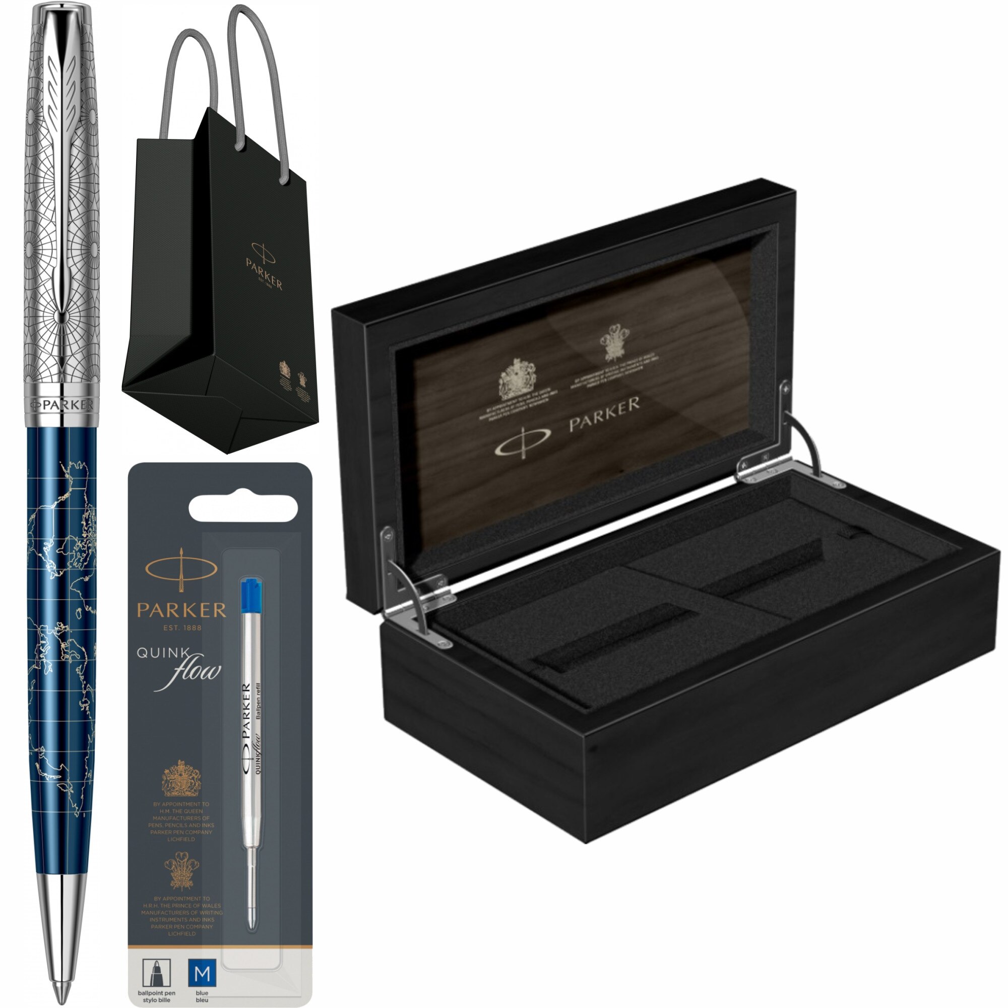 Set Parker Pix Sonnet Royal SE Atlas Blue Silver PDT in cutie de lemn, rezerva mina pix Quink Flow Albastru M/ F si punga