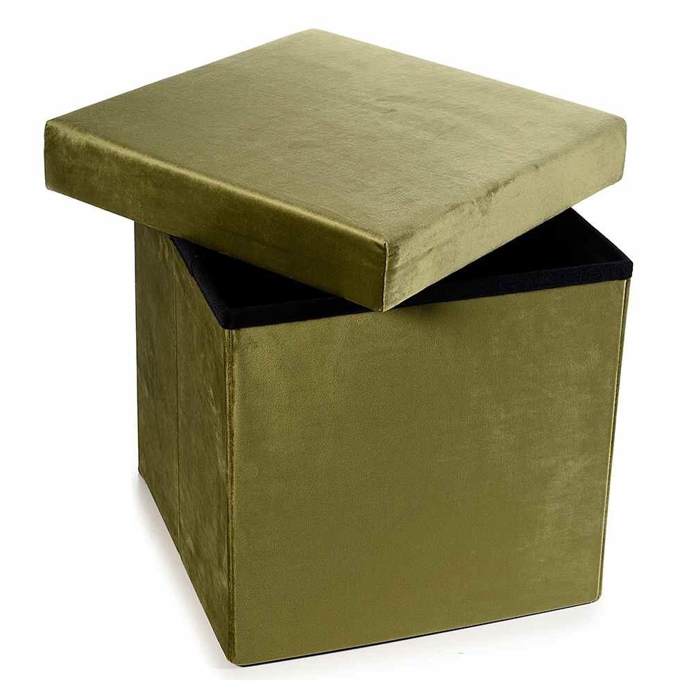 Taburet cu spatiu depozitare catifea verde olive 38 cm x 38 cm x 38 h
