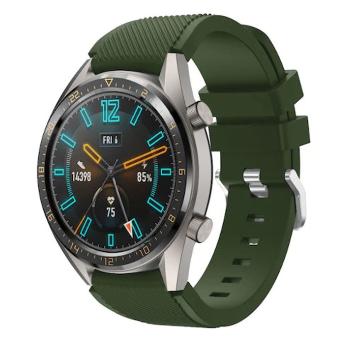 Curea din silicon, compatibila Huawei Watch GT 2 46mm, Striatii Diagonale, Telescoape Quick Release, 22mm, Army Green