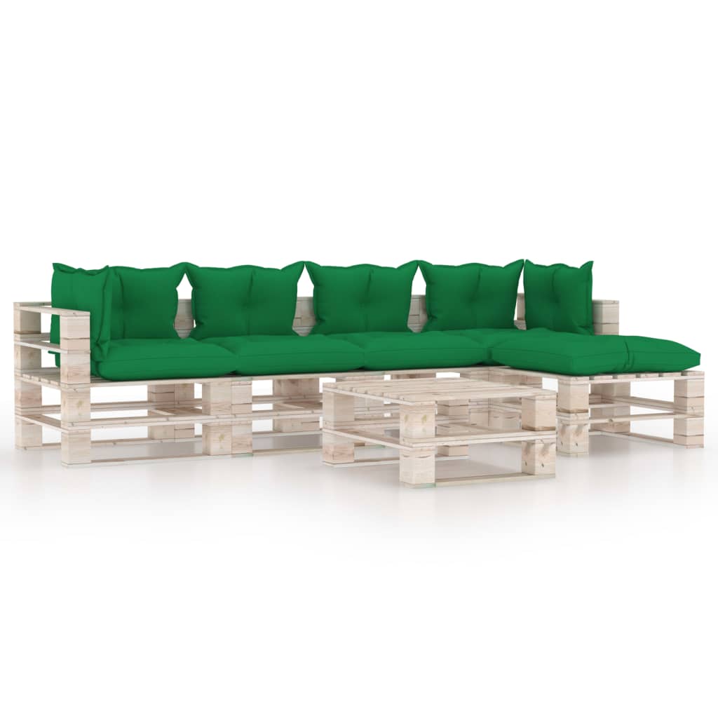 Set mobilier de gradina din paleti cu 1 masa, 1 taburet si 4 canapele cu perne, vidaXL, Lemn, 70 x 67.5 x 62 cm, Verde