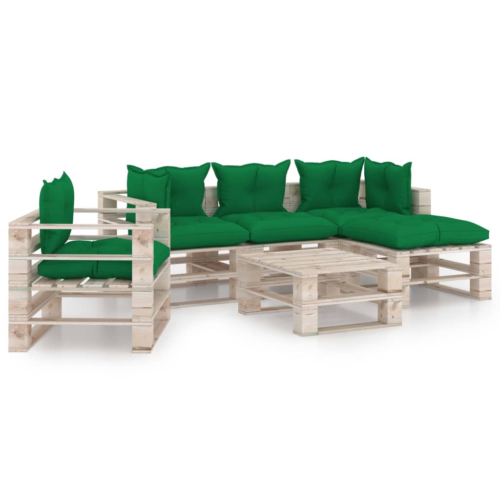Set mobilier de gradina din paleti cu 6 piese cu 11 perne colorate incluse, vidaXL, Lemn, 70 x 67.5 x 62cm, Verde