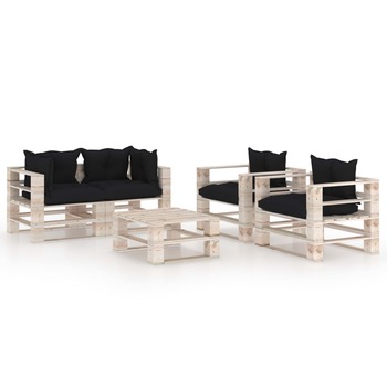 Set mobilier de gradina din paleti cu 1 masa, 2 fotolii si 2 canapele de colt cu perne, vidaXL, Lemn, 70 x 67.5 x 62 cm, Negru
