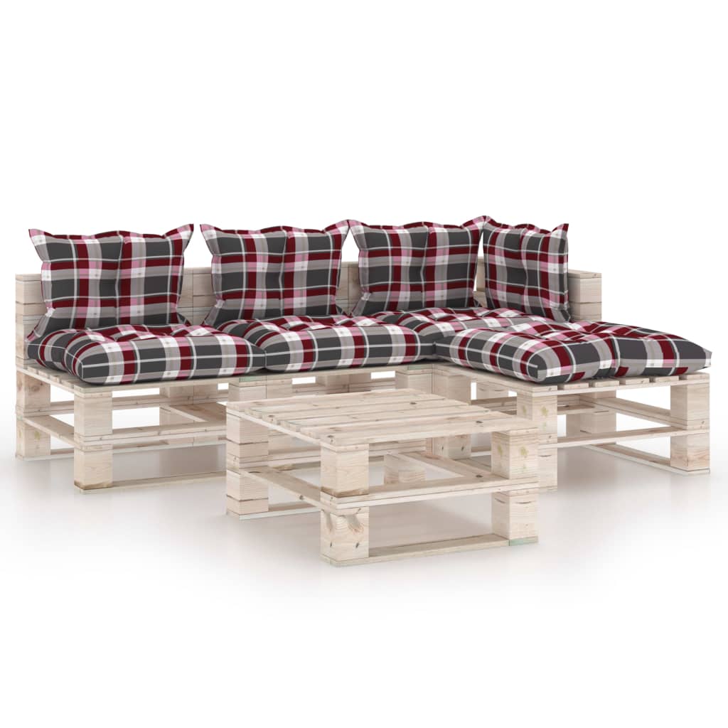Mobilier de gradina din paleti cu 4 piese cu perne colorate cu masa, vidaXL, Lemn, 70 x 67.5 x 62 cm, Negru/Rosu