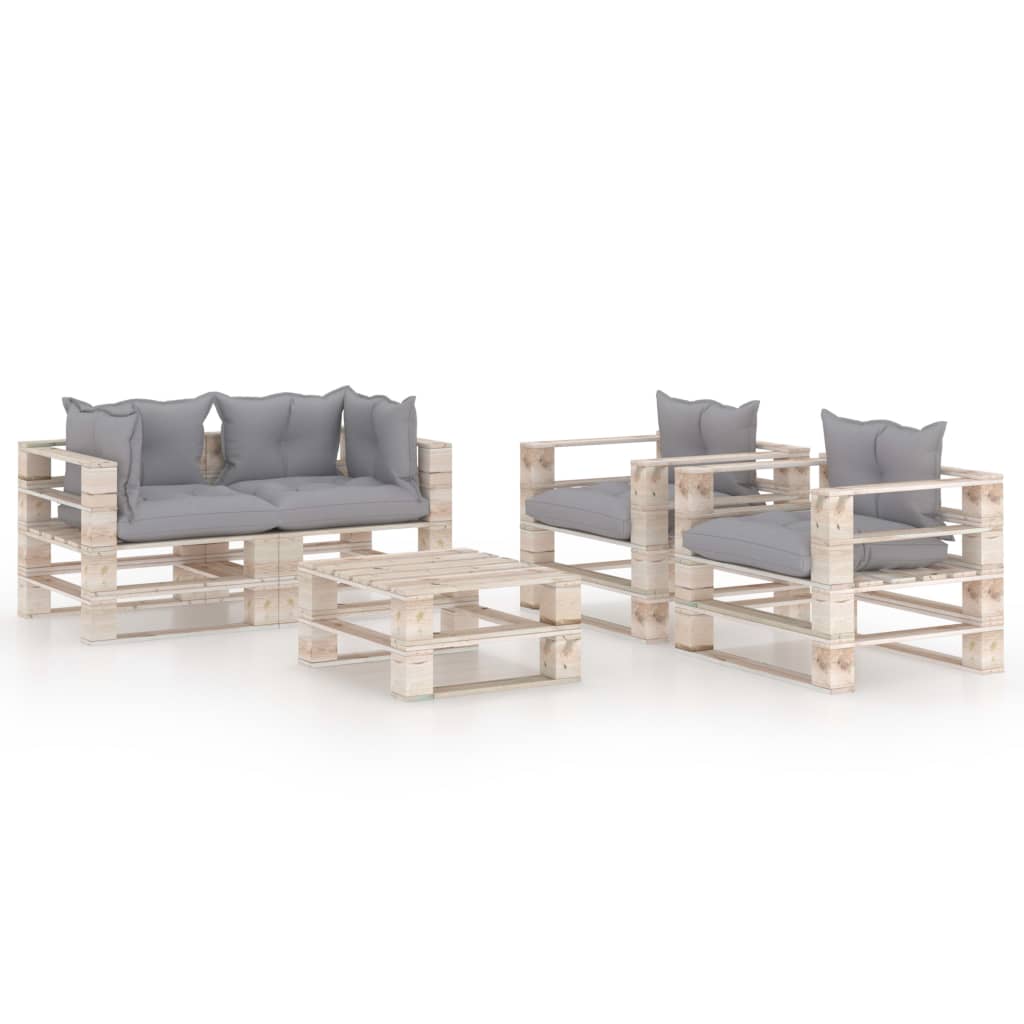 Set mobilier de gradina cu 2 fotolii, 2 canapele de colt cu perne si 1 masa din paleti, vidaXL, Lemn, 70 x 67.5 x 62 cm, Gri