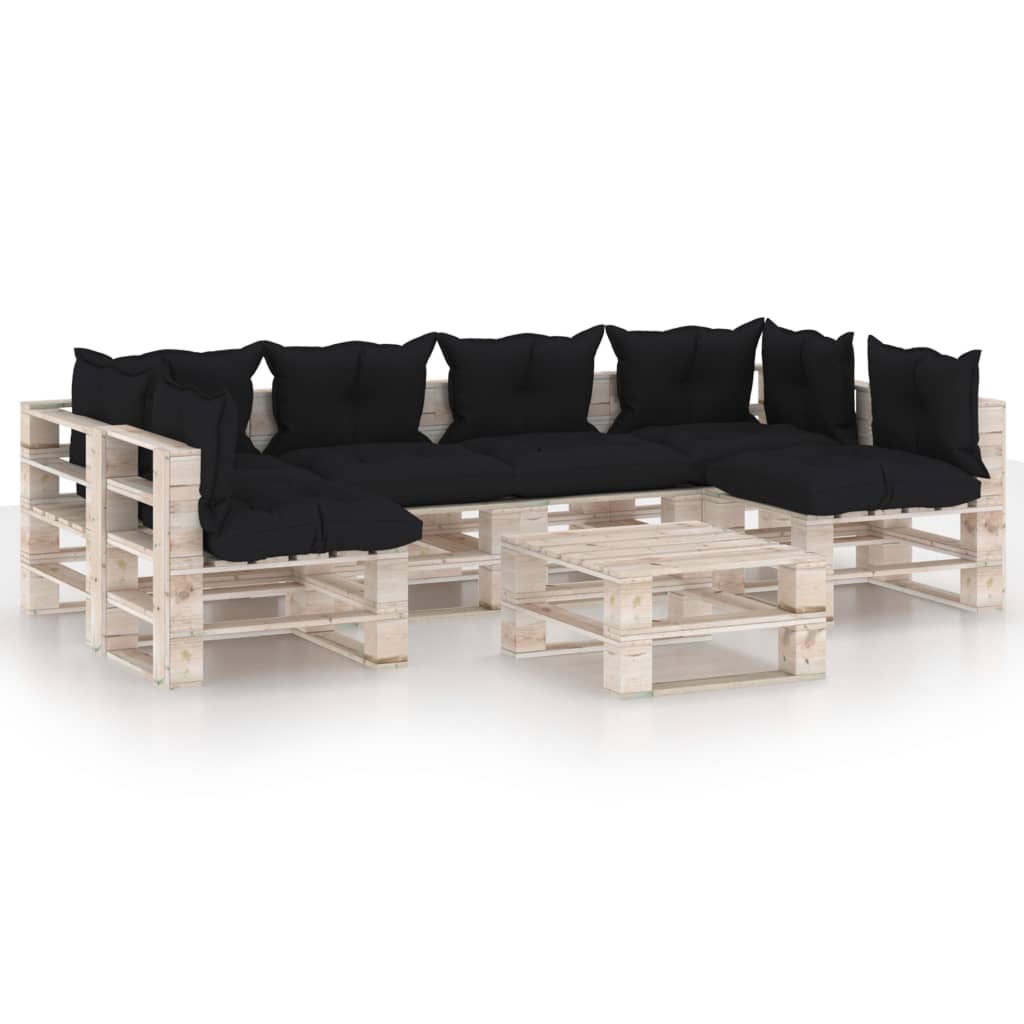 Set mobilier de gradina din paleti cu 7 piese cu perne colorate, vidaXL, Lemn, 60 x 69.4 x 62 cm, Negru