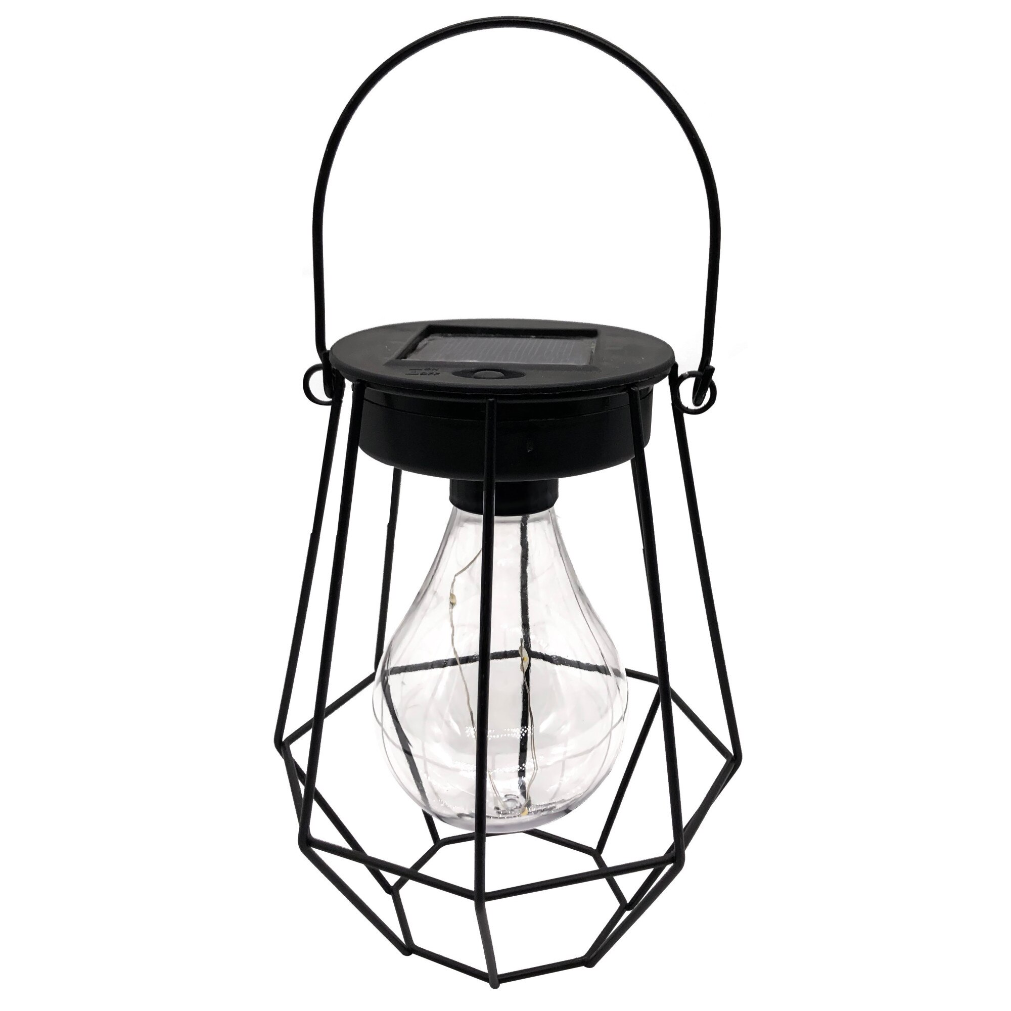 Lampa solara cu cadru din metal,model retro de culoare neagra,tip felinar cu bec,pentru gradina,curte si terasa