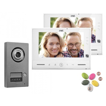 Kit videointerfon, pentru 2 familii, 2 fire, cu citior proximitate, post exterior Mikra2, posturi interior video V-Modo, 1723/72 Urmet Kit videointerfon, pentru 2 familii, 2 fire, cu citior proximitate, post exterior Mikra2, posturi interior video V-Modo, 1723/72 Urmet