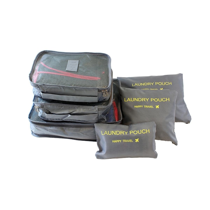 Комплект чанти-органайзери за куфари, 6 части, водоустойчиви, сив полиестер