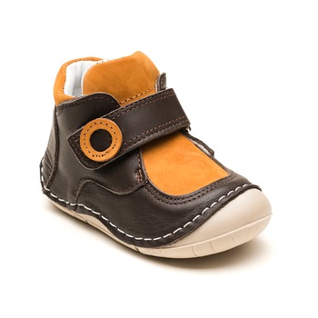 Pantofi piele primii pasi Kidopo Softy, Maro/Galben Pantofi piele primii pasi Kidopo Softy, Maro/Galben