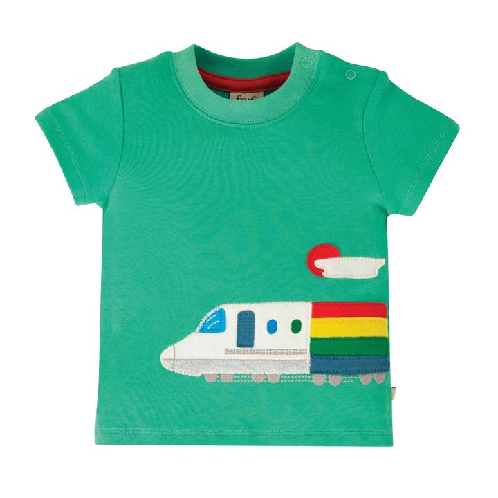 Tricou cu trenul de viteza, bumbac organic, verde, copii 12-18 luni