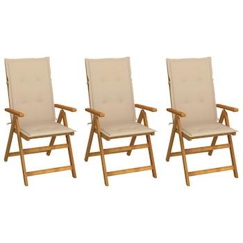 Set de 3 scaune pliabile de gradina cu perna vidaXL, Lemn, 57 x 69 x 111 cm, Maro/Bej