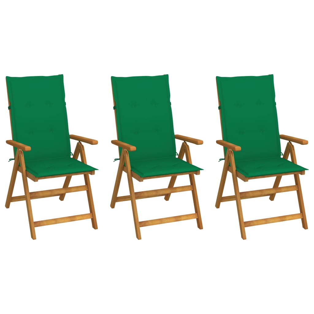Set de 3 scaune de gradina, vidaXL, Lemn de acacia finisaj ulei, 57 x 69 x 111 cm, Maro/Perne verde