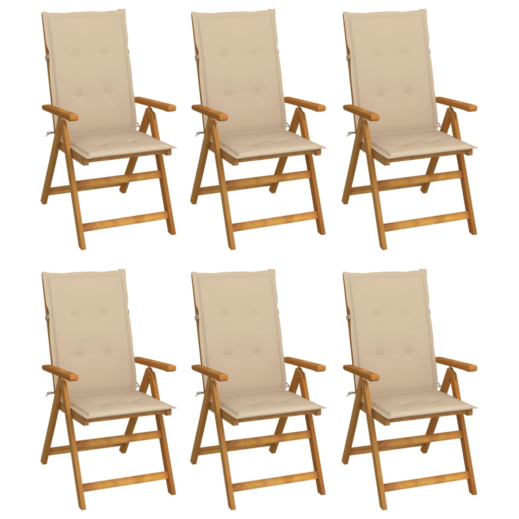 Set de 6 scaune de gradina, vidaXL, Lemn de acacia finisaj ulei, 57 x 69 x 111 cm, Maro/Perne bej