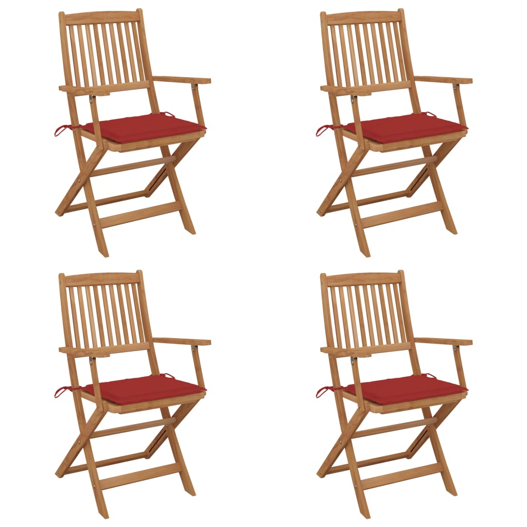 Set de 4 scaune pliabile de gradina, cu brate, vidaXL, Lemn de acacia/Poliester, 54 x 57 x 91 cm, Maro-perne rosu