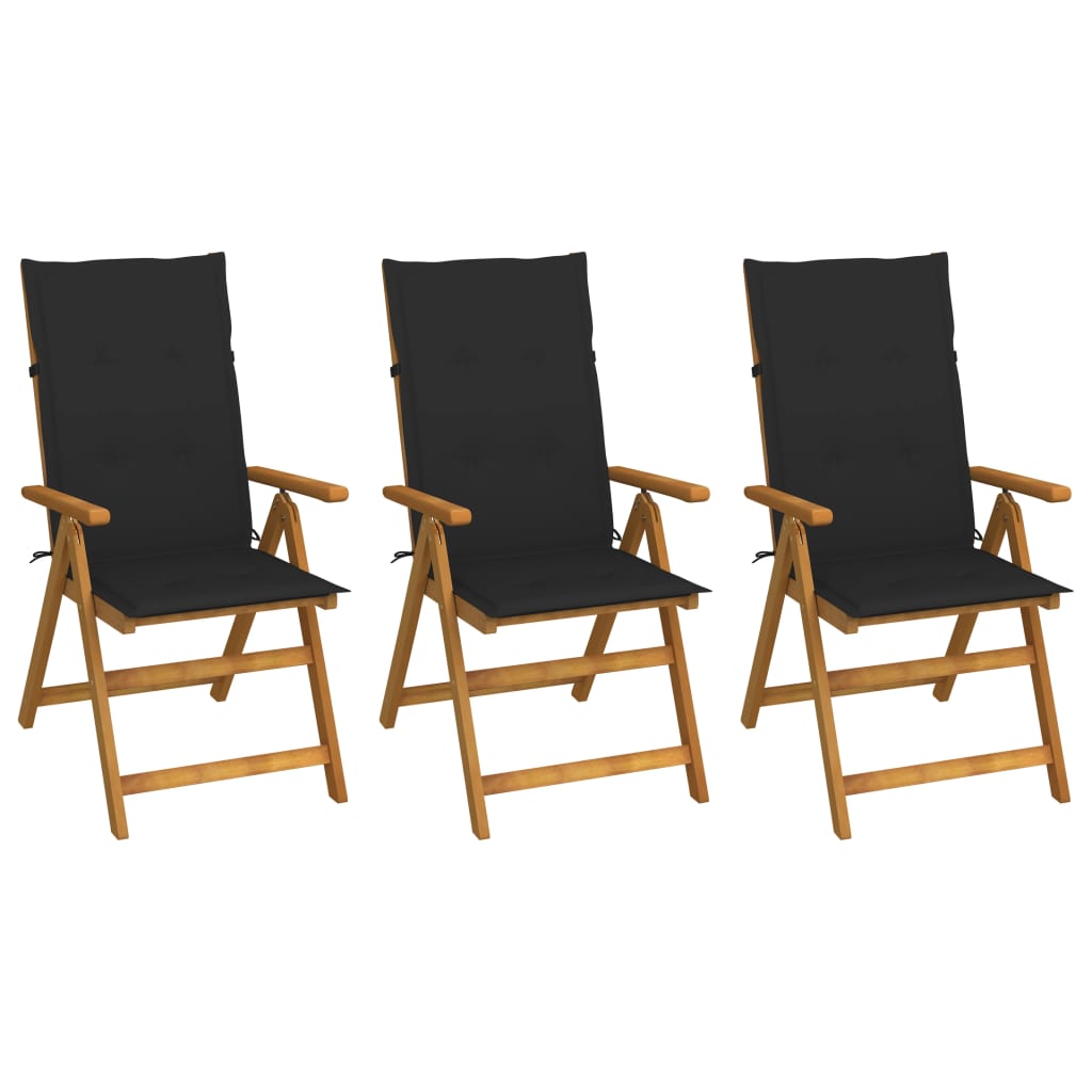 Set de 3 scaune de gradina, vidaXL, Lemn de acacia finisaj ulei, 57 x 69 x 111 cm, Maro/Perne negru