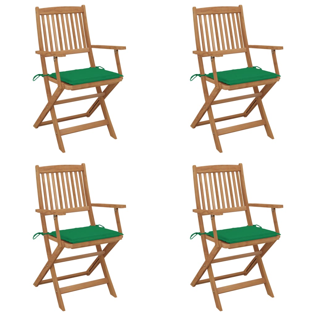 Set de 4 scaune pliabile de gradina, cu brate, vidaXL, Lemn de acacia/Poliester, 54 x 57 x 91 cm, Maro-perne verde