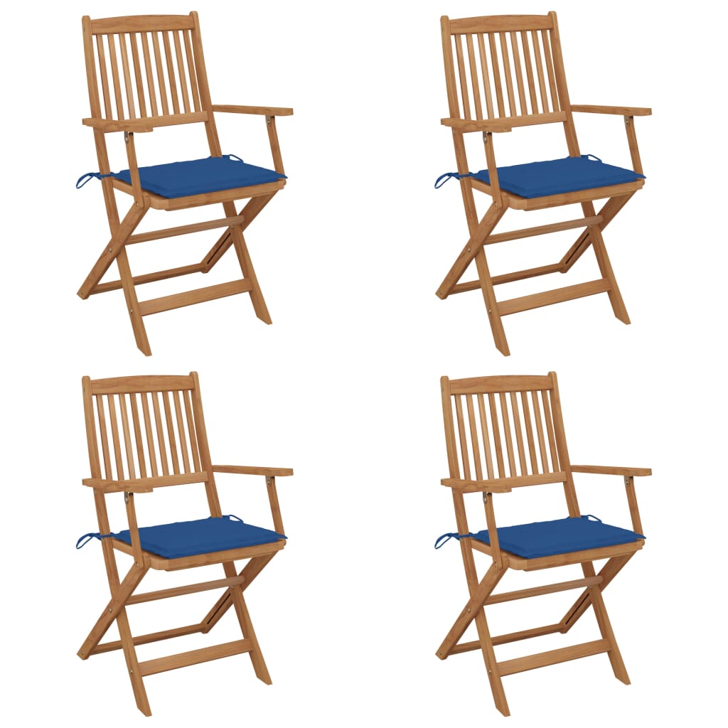 Set de 4 scaune pliabile de gradina, cu brate, vidaXL, Lemn de acacia/Poliester, 54 x 57 x 91 cm, Maro-perne albastru regal