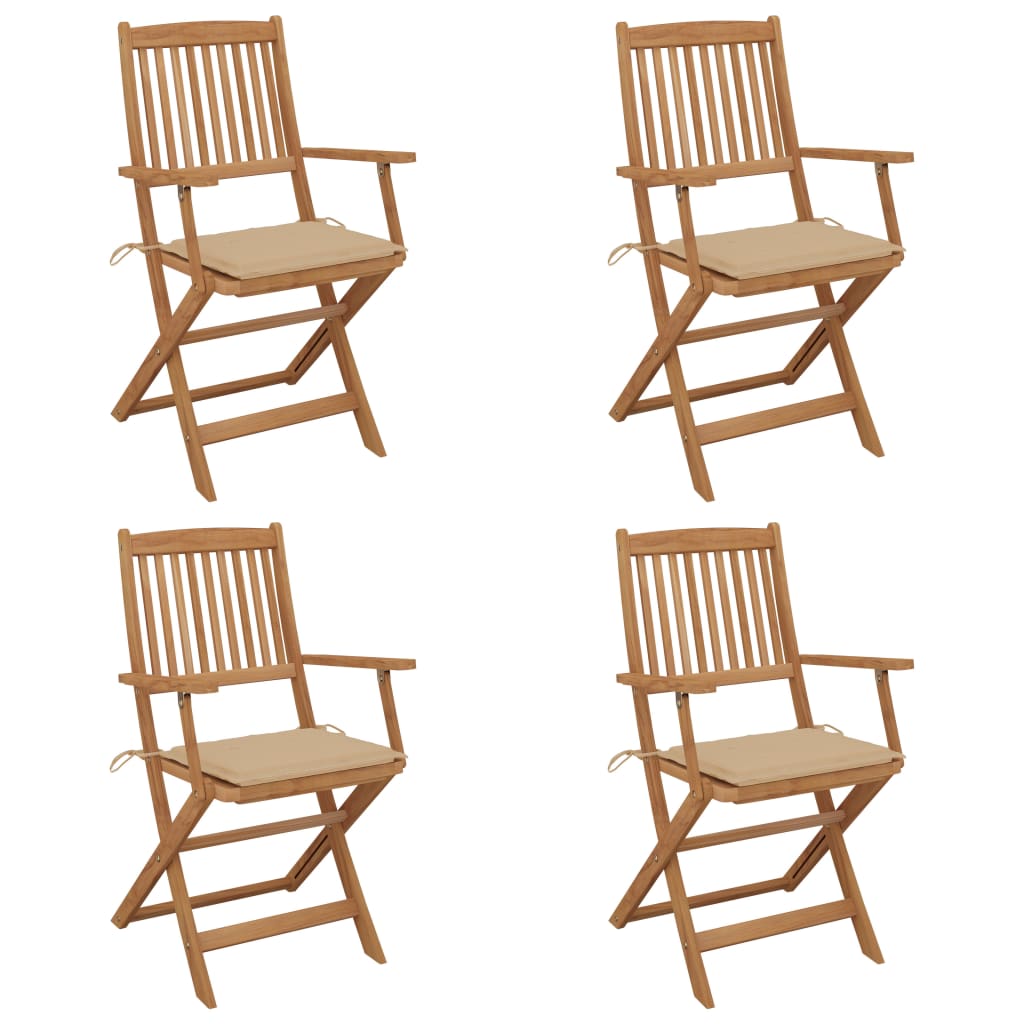 Set de 4 scaune pliabile de gradina, cu brate, vidaXL, Lemn de acacia/Poliester, 54 x 57 x 91 cm, Maro-perne bej