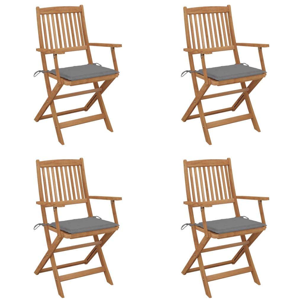 Set de 4 scaune pliabile de gradina, cu brate, vidaXL, Lemn de acacia/Poliester, 54 x 57 x 91 cm, Maro-perne gri