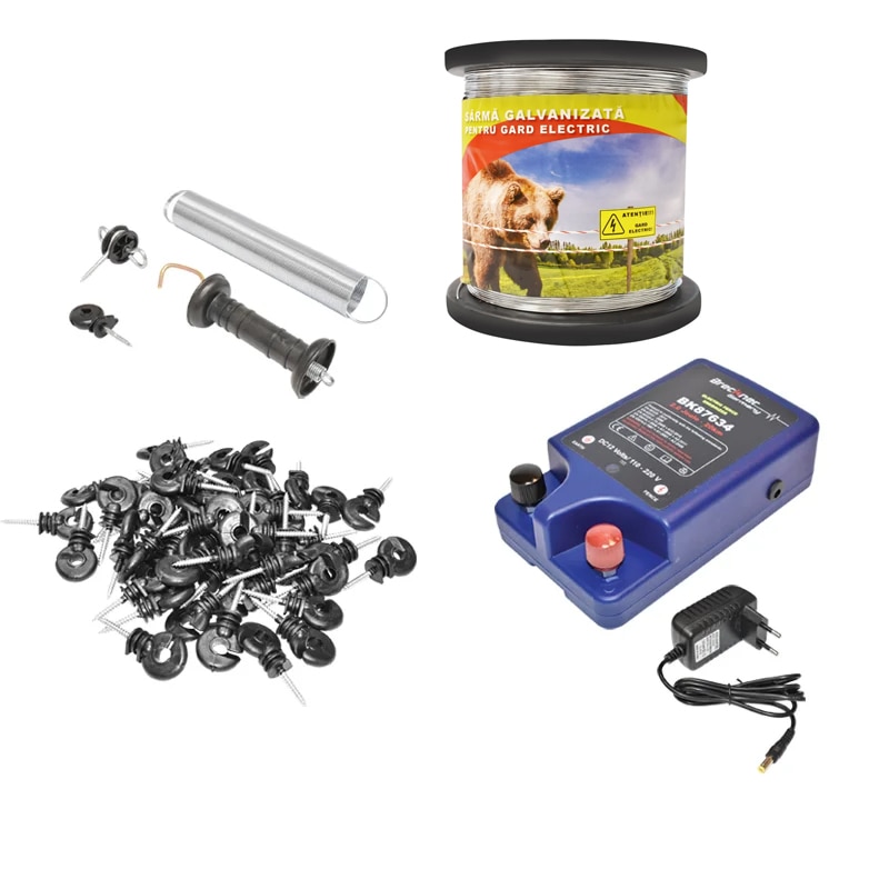 Kit complet gard electric 12/220V, 2 Joule, lungime fir 1000m, 100 izolatori si kit poarta Breckner Germany