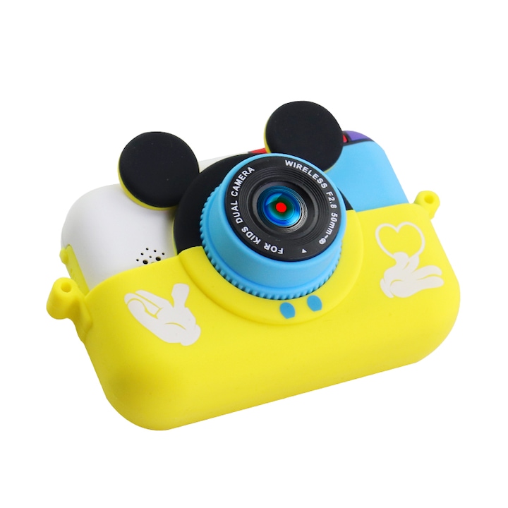 DacEnergy © gyermekkamera / videó, Mickey Mouse design, kettős kamera, játékok, kreatív szűrő, 2,4 hüvelykes IPS képernyő, sárga szín