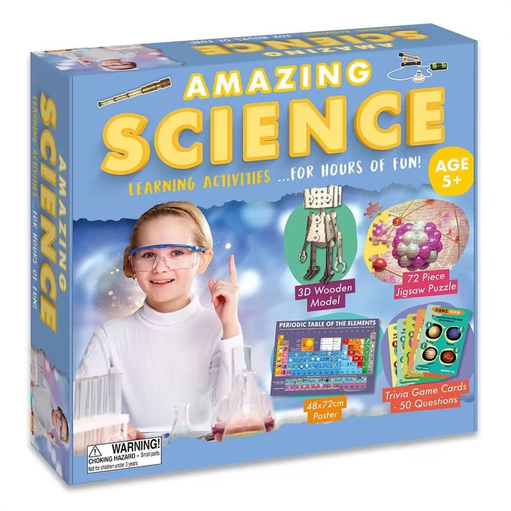 Set 4 jocuri educative Robert Frederick Amazing Science, Lemn, carton si hartie, 72 piese, 6x25.5x26.5 cm, Multicolor