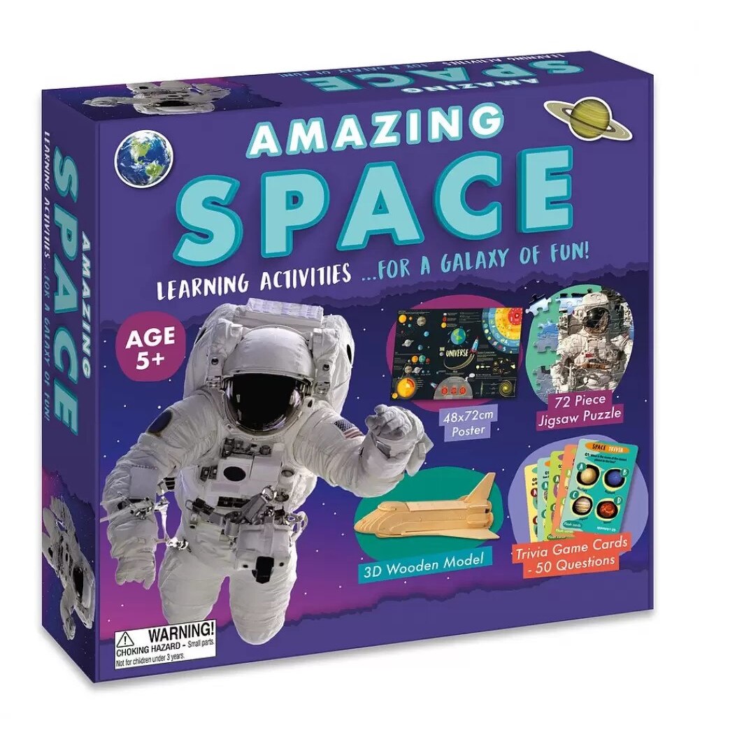 Set 4 jocuri educative Robert Frederick Amazing Space, Lemn, carton si hartie, 72 piese, 6x25.5x26.5 cm, Multicolor