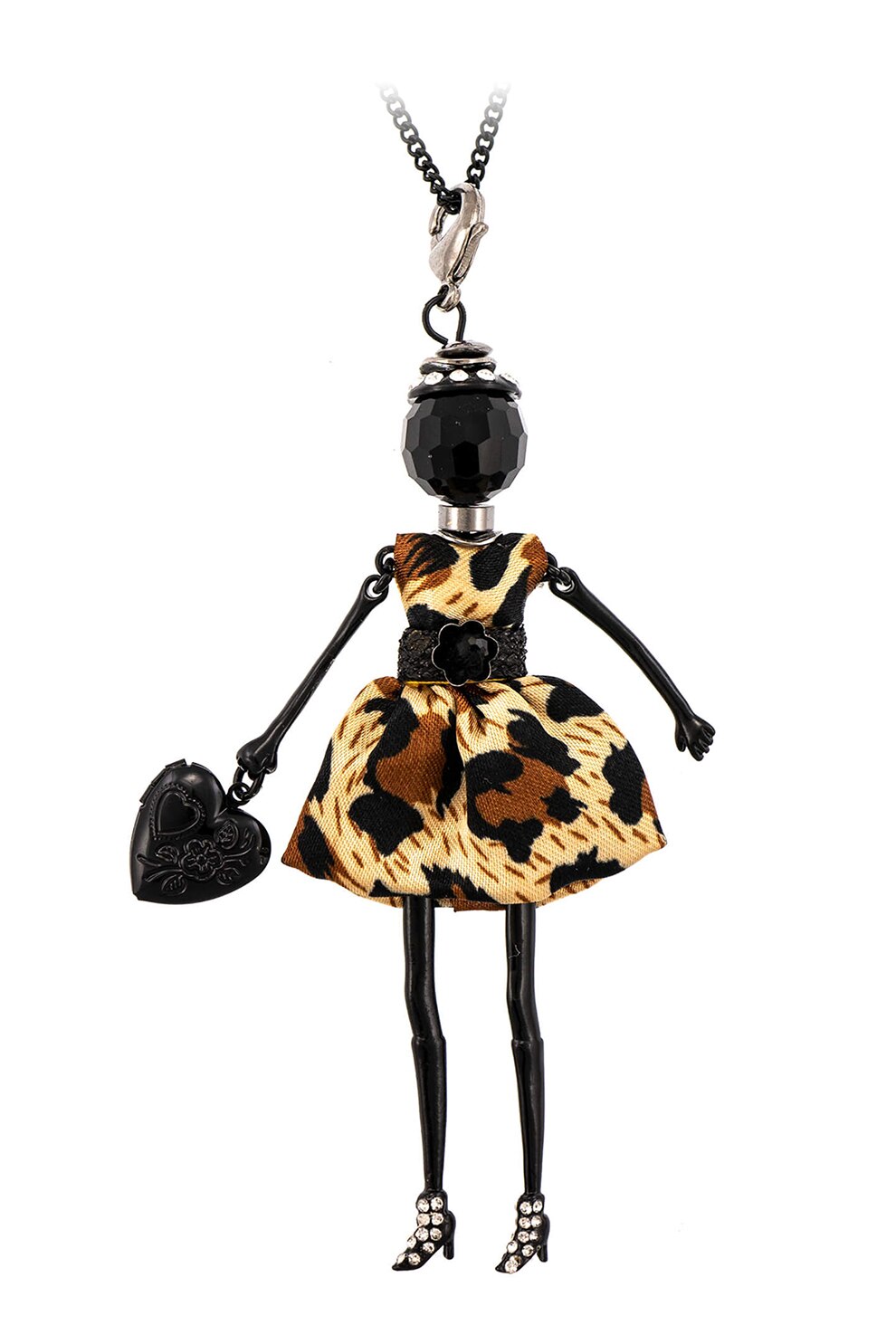 Roxannes - Bambole Milanesi, Colier cu pandantiv in forma de papusa si cu animal print, Negru/Print