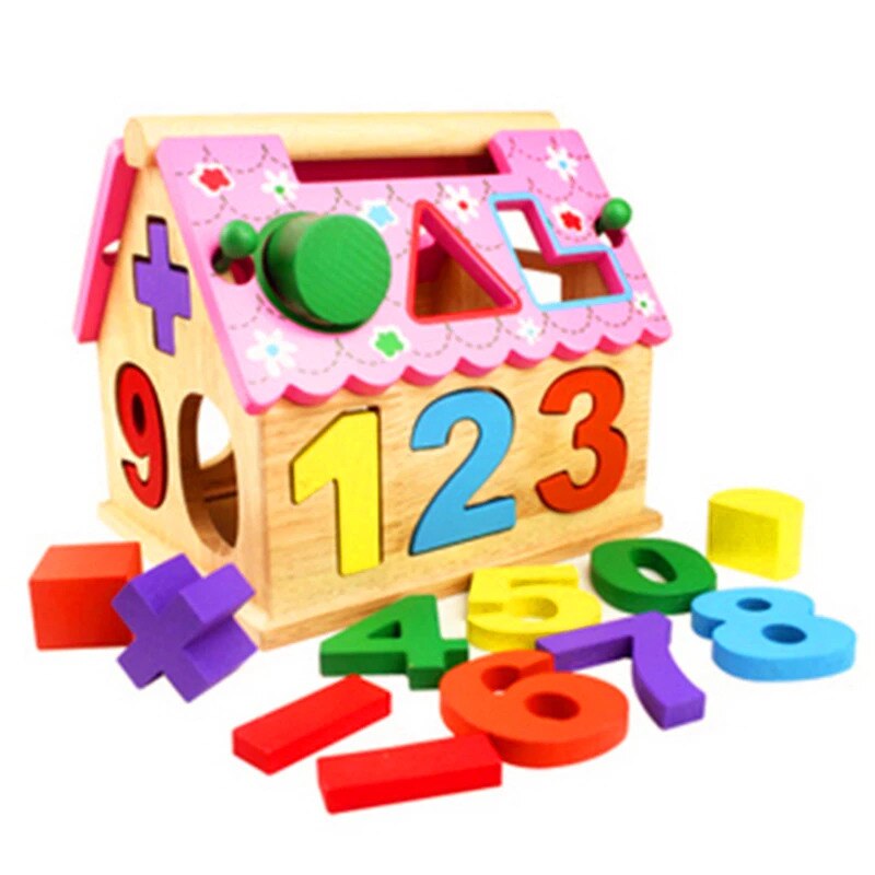 Casuta din lemn cu Cifre si Forme Geometrice tip Puzzle