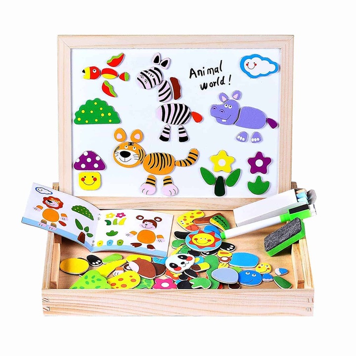 Tabla magnetica din lemn cu piese puzzle animale