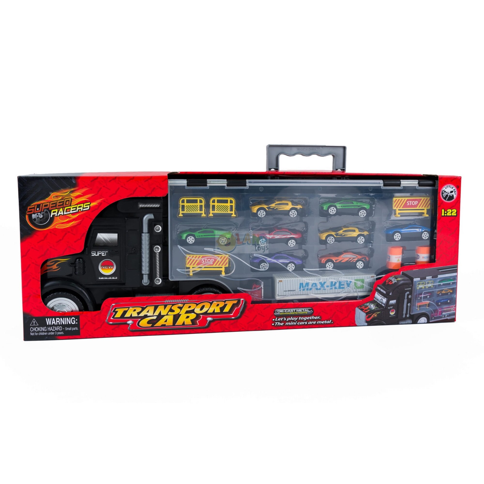 Set Camion interactiv stil valiza MAX-KEY idealstore, Dimensiuni 57 x 20 cm, Include 9 vehicule si semne de circulatie, Accesorizat cu spatiu special pentru depozitarea colectiilor de masini, Dezvolta abilitati manuale