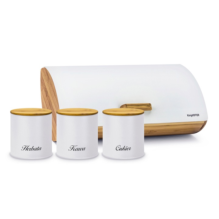 Cutie pentru paine cu containere, set Konighoffer Cosmic, Bambus, alb,