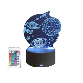 Lampa De Veghe 3D LED, Planete si stele, 16 Culori, schimbare culoare prin telecomanda, Lumina Ambientala, Alimentare USB cu Incarcator priza si/sau 3 baterii AA Lampa De Veghe 3D LED, Planete si stele, 16 Culori, schimbare culoare prin telecomanda, Lumina Ambientala, Alimentare USB cu Incarcator priza si/sau 3 baterii AA
