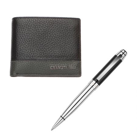 Set portofel de piele naturala si pix Cerruti RR084,negru