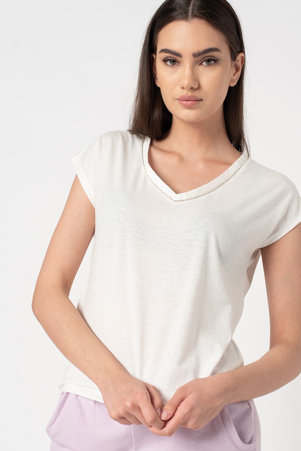 Haily's, Tricou cu decolteu in V si strasuri Bianca, Alb/Argintiu, 2XL