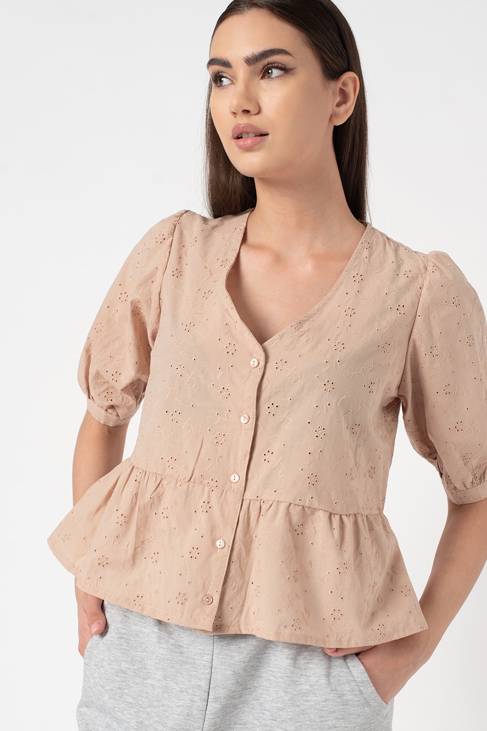 Hailys, Camasa cu decolteu in V si peplum Emmi, Maro camel, XS - eMAG.ro