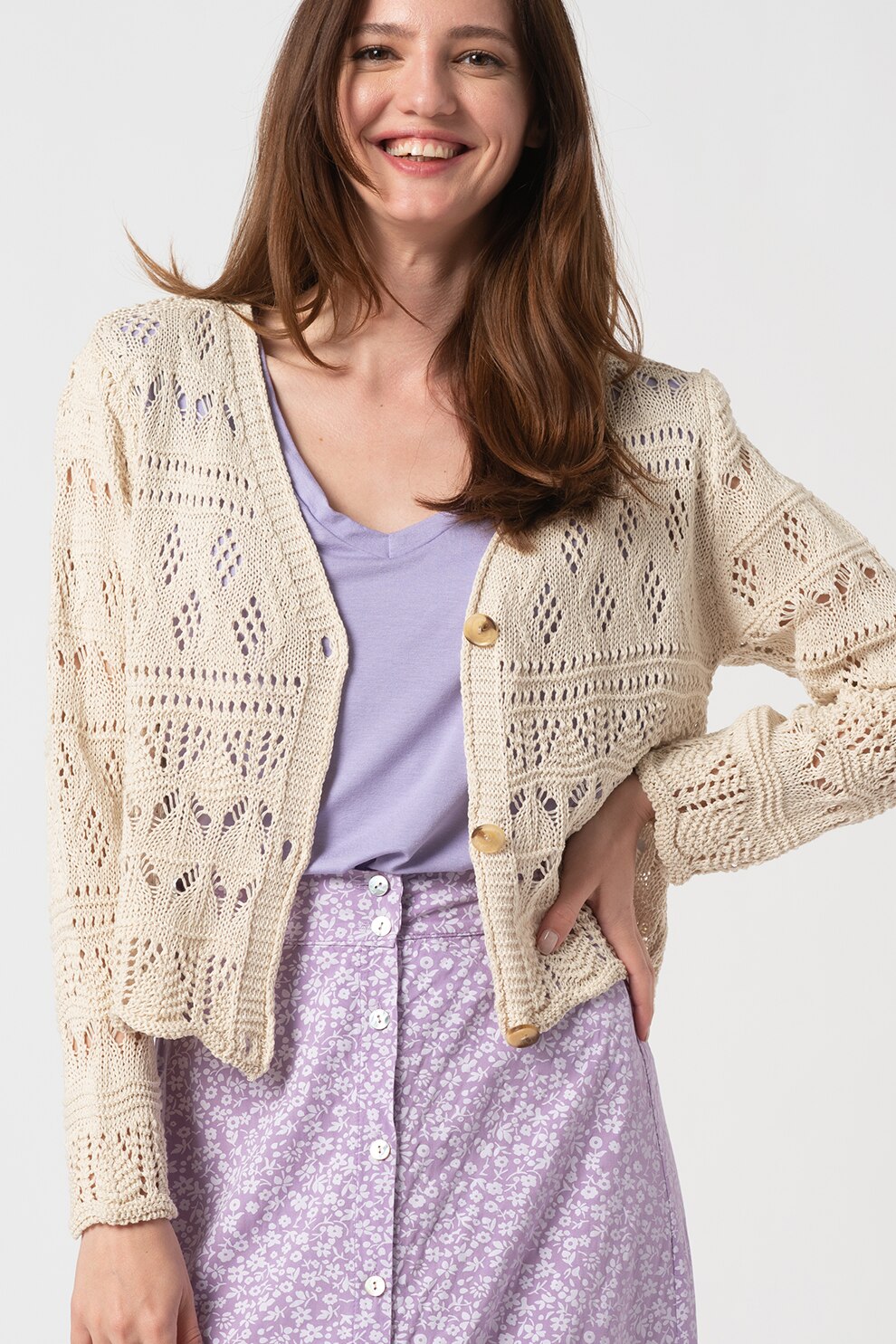 Haily's, Cardigan tricotat cu perforatii Maisy, Bej