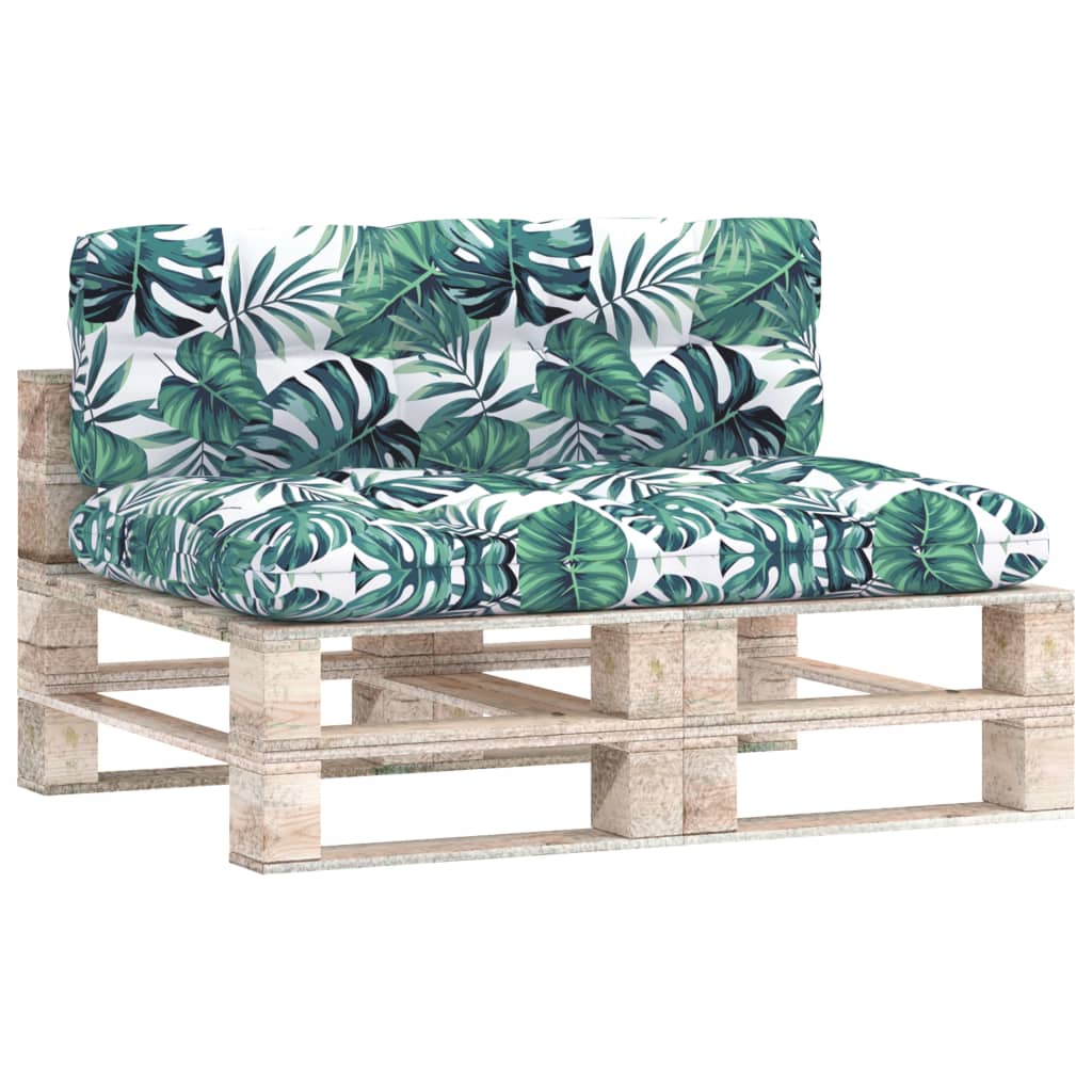 Set de 2 perne de canapea din paleti de gradina, vidaXL, Textil-Poliester, 120 x 80 x 12 cm, Alb/Verde model frunze tropicale