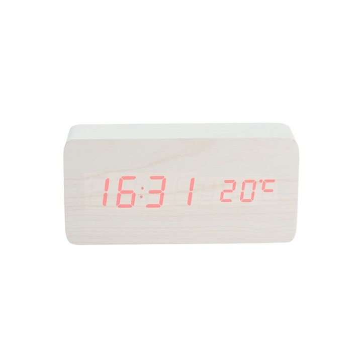Ceas Home Desteptator cu Carcasa din Lemn , Functie Afisaj Termometru, Ecran led, Culoare Alb