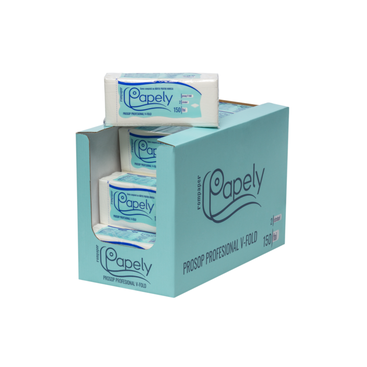 Set de 18 pachete de prosoape pliate V fold, Papely, 2 straturi, laminate, 150 bucati/set, alb