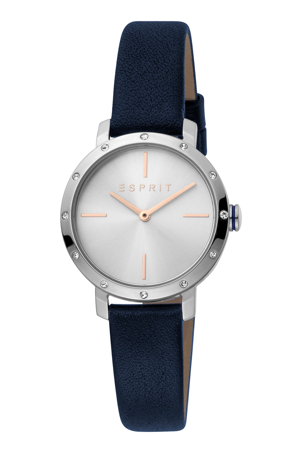 Esprit, Ceas analog cu coroana incrustata cu cristale, Bleumarin inchis/Argintiu
