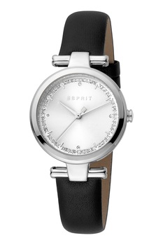 Esprit, Ceas cu o curea din piele si cristale, Negru/Argintiu Esprit, Ceas cu o curea din piele si cristale, Negru/Argintiu