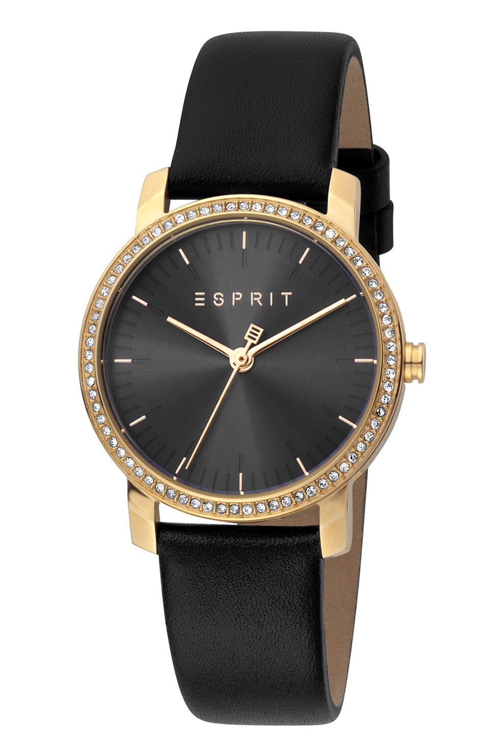 Esprit, Ceas din otel inoxidabil cu o curea din piele, Negru/Auriu