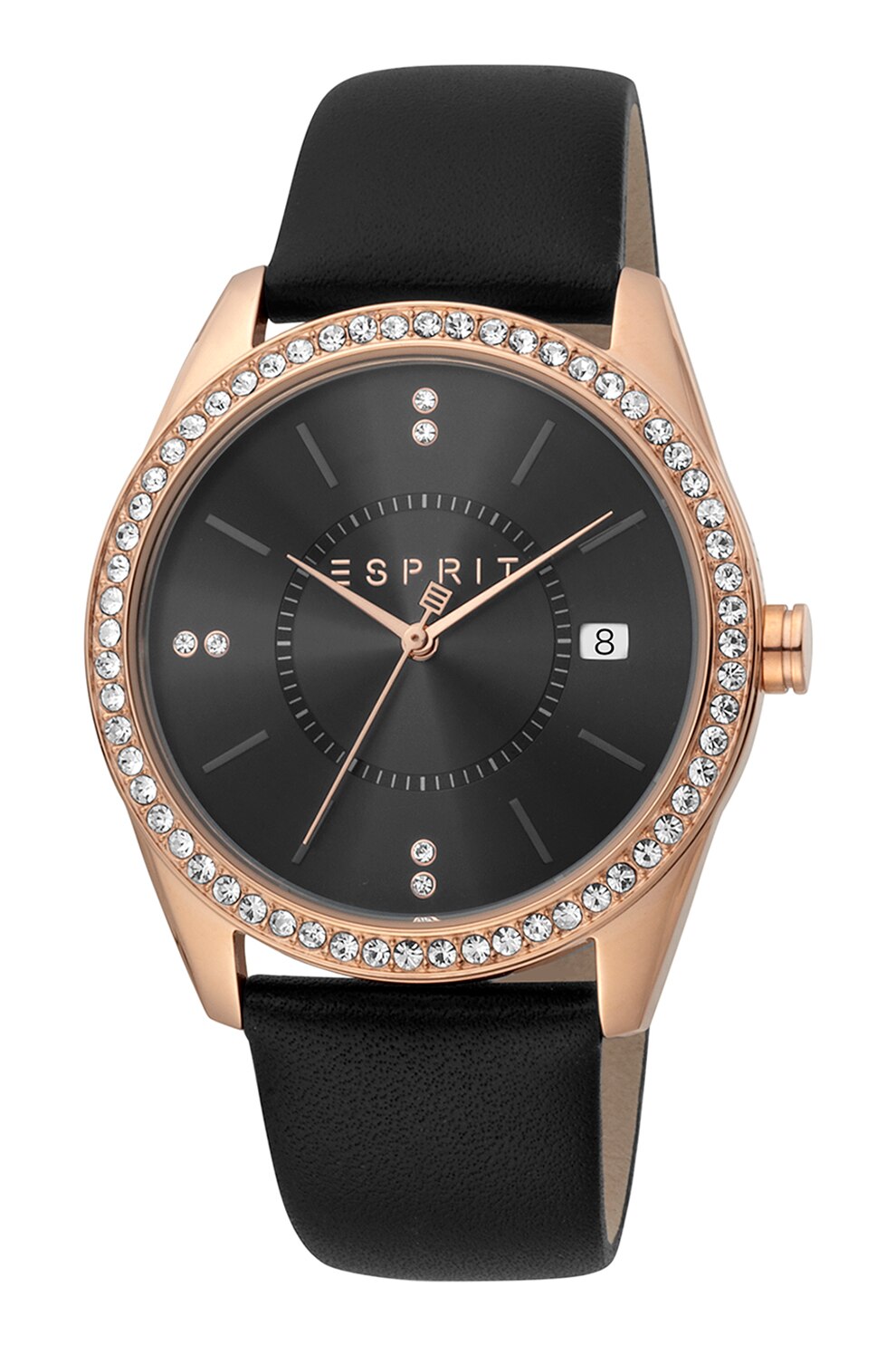 Esprit, Ceas cu o curea din piele si decorat cu cristale, Negru/Auriu rose