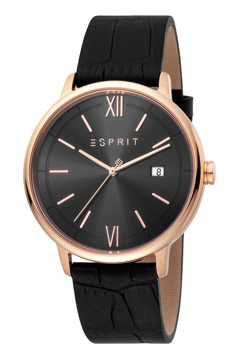 Esprit, Ceas analog cu o curea din piele cu aspect de piele de crocodil, Negru/Auriu rose